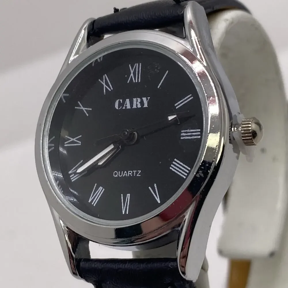 Cary Womens Silver Tone Black Leather Watch Works New Battery